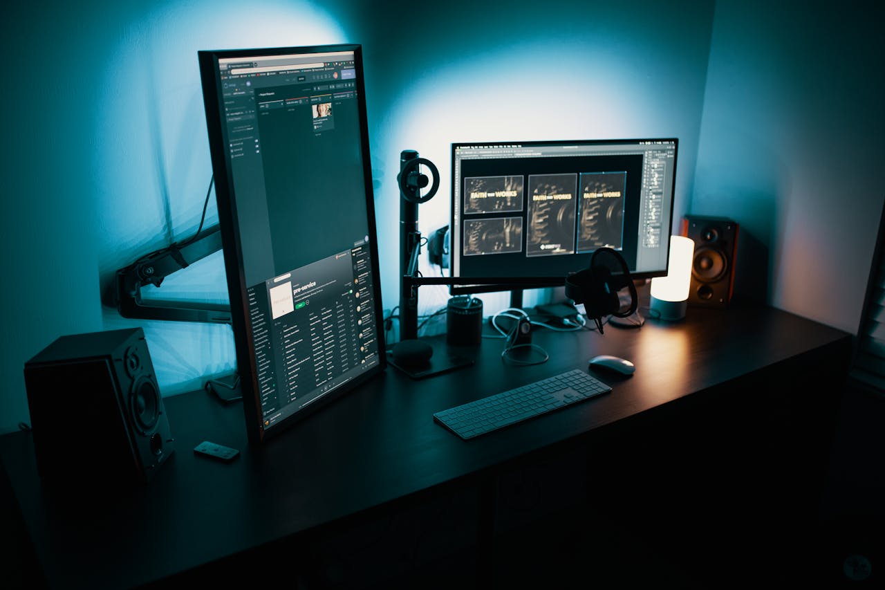 Crafting Captivating Headlines: Your awesome post title goes here A contemporary office desk featuring a dual monitor setup with stylish lighting, ideal for tech enthusiasts.